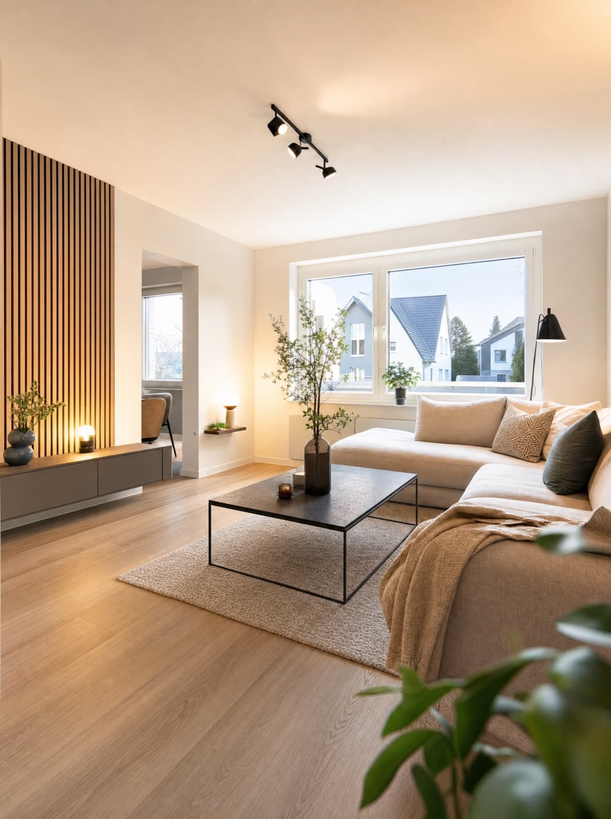 Dasselbe Wohnzimmer nach Komplett-Renovierung — Holz-Akzentwand, warmer Designboden, gemütliche Atmosphäre