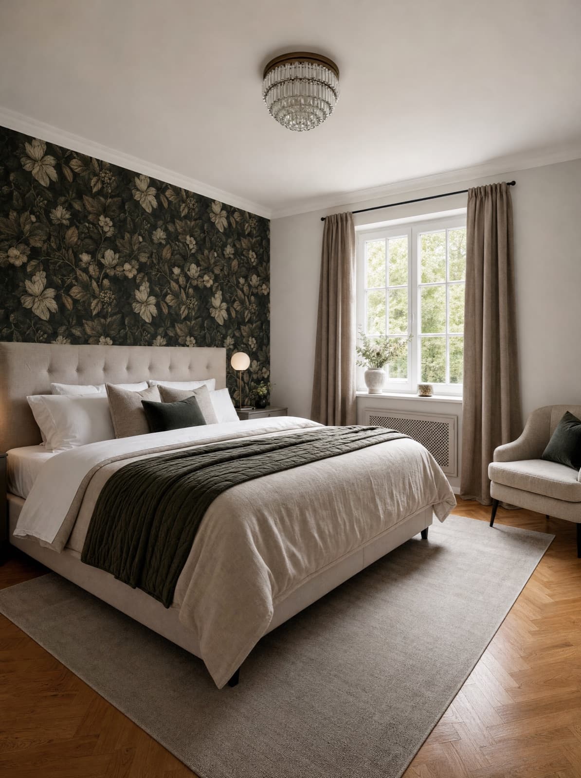 Dasselbe Schlafzimmer nach Renovierung — ruhige botanische Akzent-Tapete, warmer Boden, edle Atmosphäre