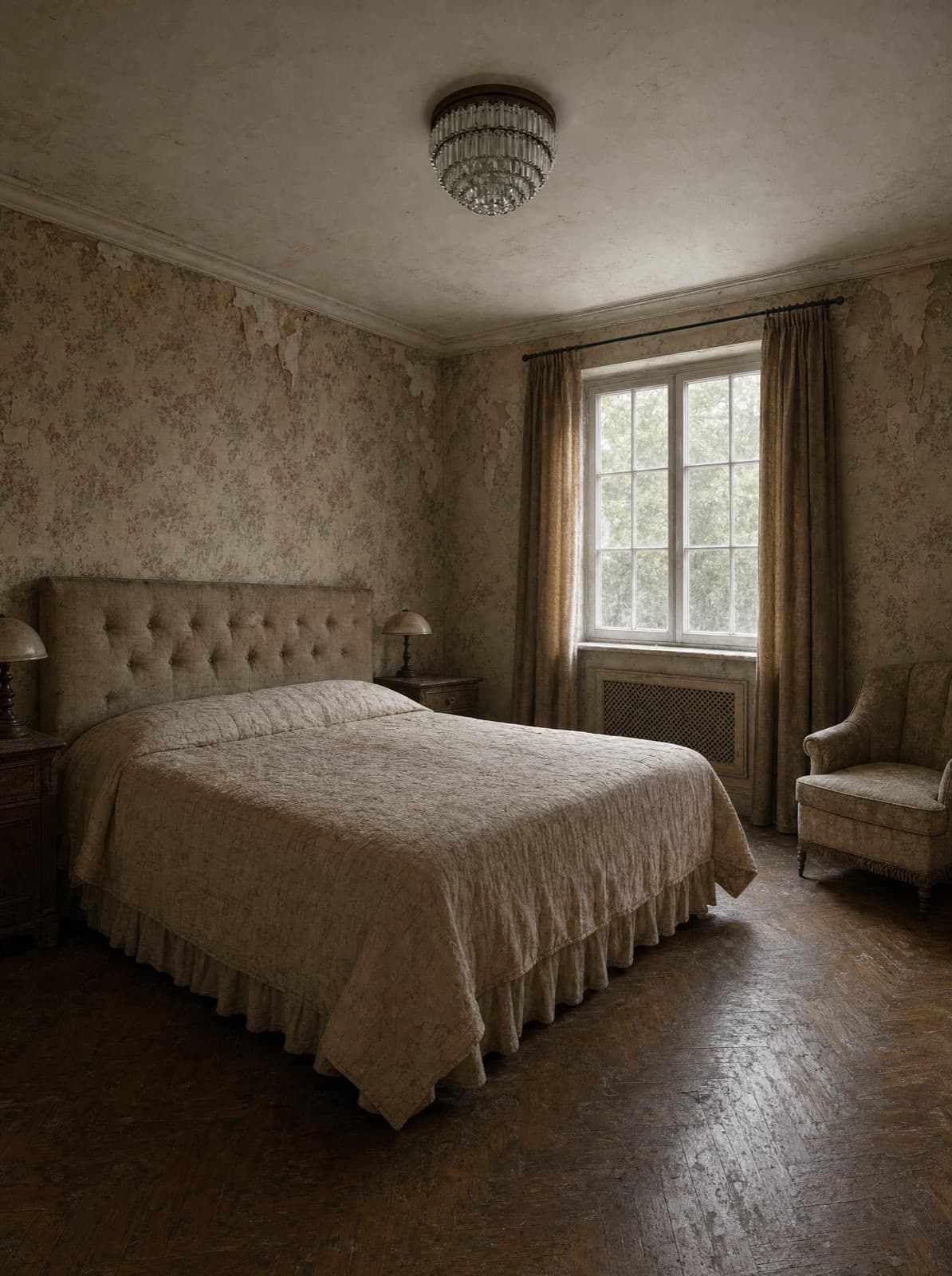 Schlafzimmer vor der Renovierung — alte verblasste Tapete, vergilbte Wände, abgenutzter Boden
