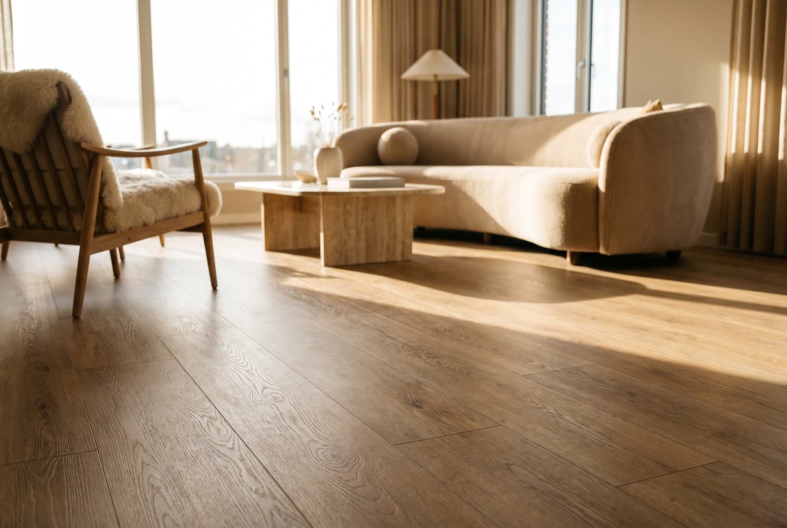 Frisch verlegter Designboden in Eichenoptik (LVT Vinyl) in einem hellen Wohnraum