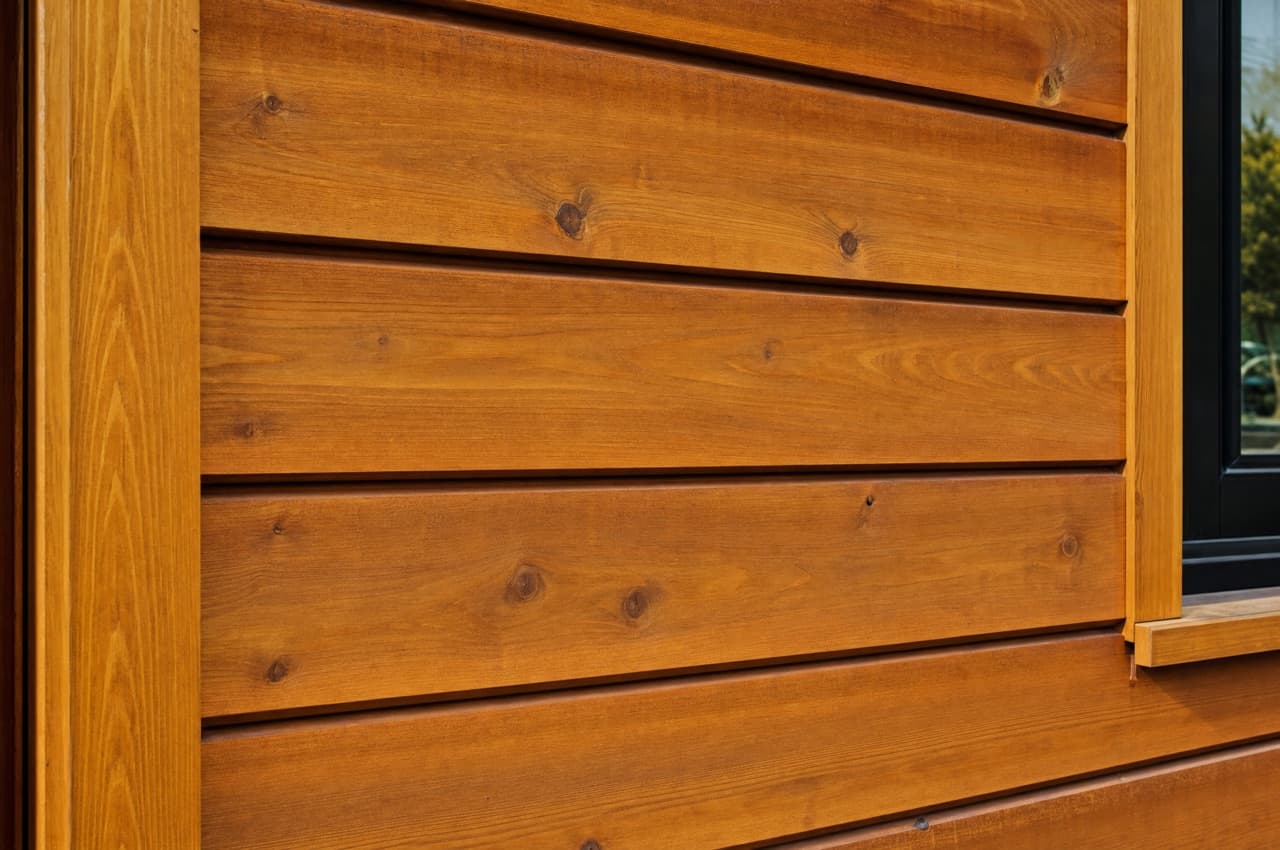 Sanierte Lärchen-Holzfassade in warmem Honigton mit klarer Strukturzeichnung im Tageslicht — fachgerechte Lasur-Beschichtung