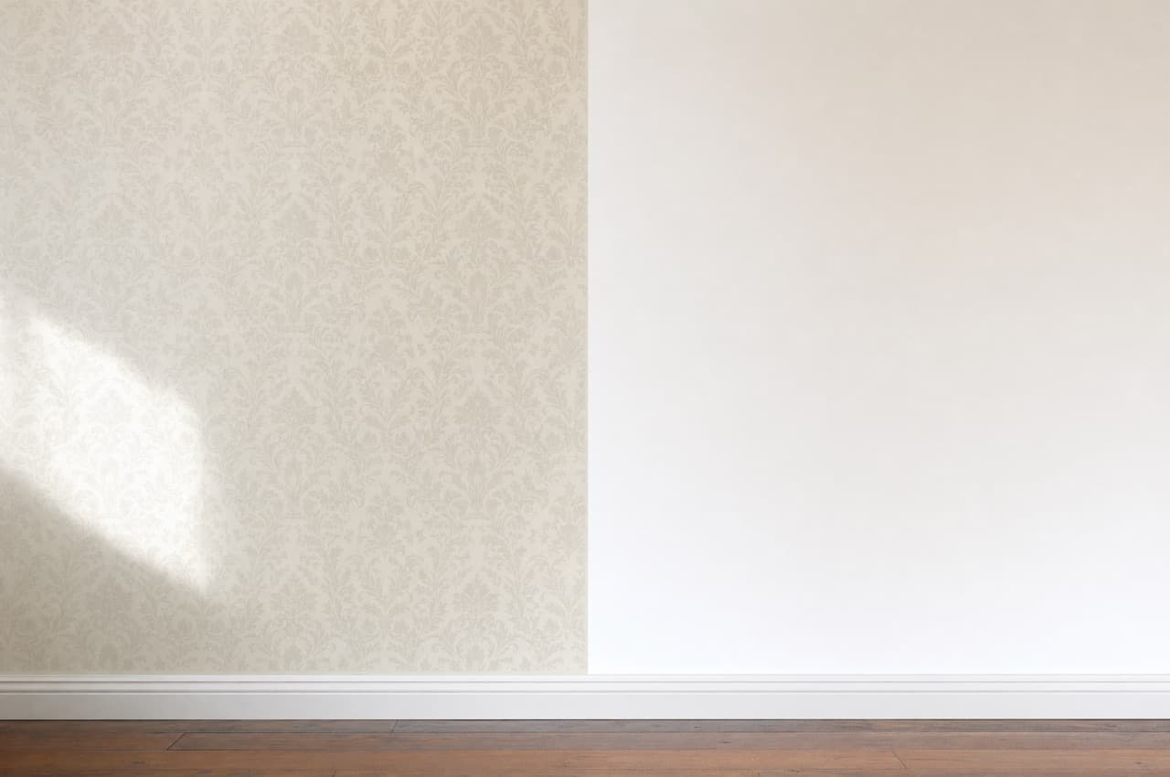 Wohnzimmer mit Vliestapeten-Akzentwand in dunklem Grau-Beige neben gestrichenen weißen Wänden — ruhige, moderne Wandgestaltung